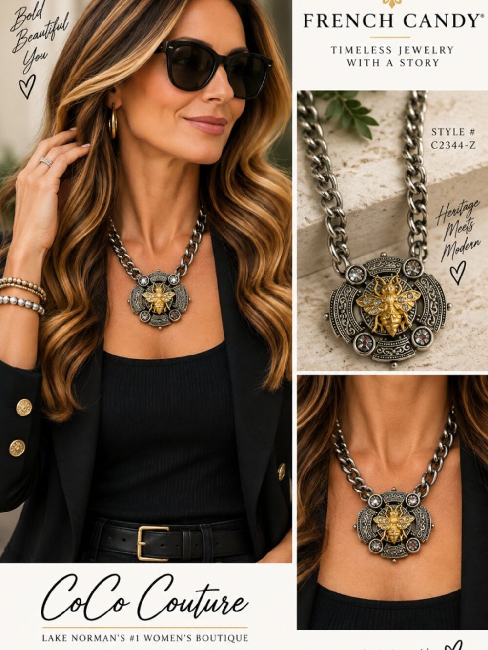 CC2344-Z 17.25" Silver Rennes Chain with Belgium back Plate and 24K Mini Bee by